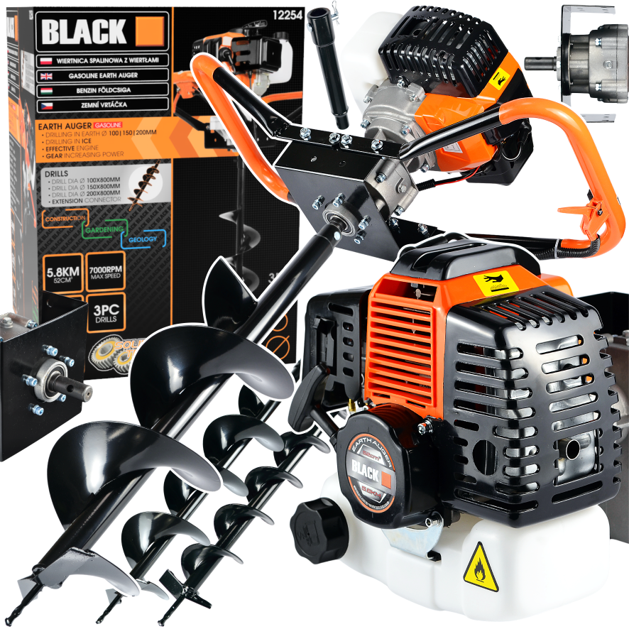 Bensiinimootoriga puur 5,8HP koos 3 puuriotsaga: 100mm, 150mm, 200mm