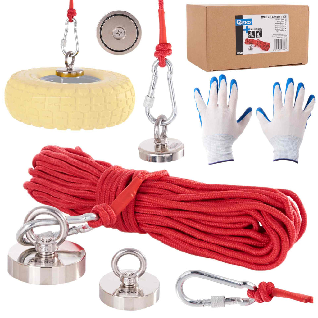 Neodymium magnet set, 170 kg, with 20 m rope and gloves