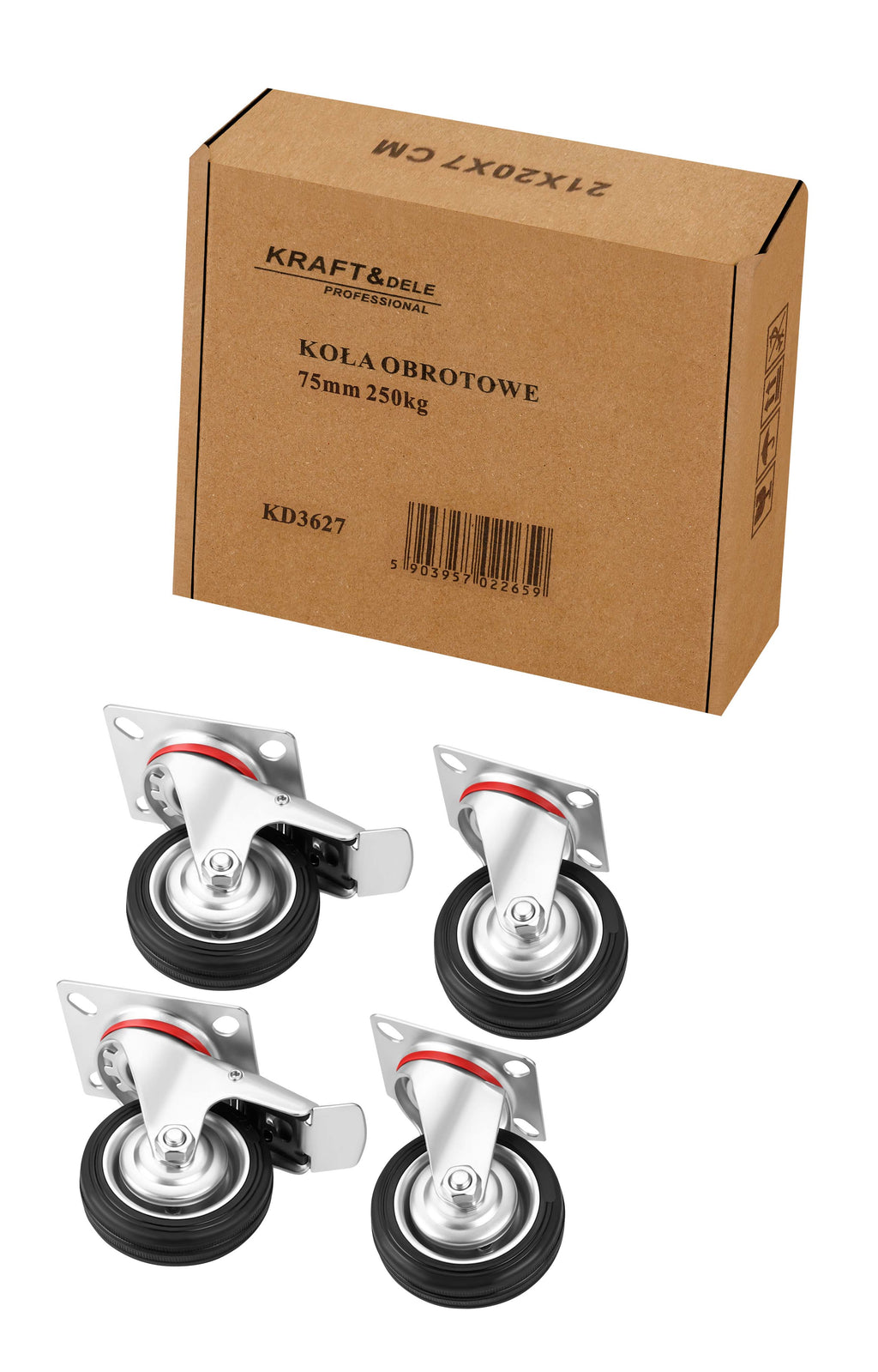 Set of 75mm swivel wheels 250kg 4pcs. KD3627