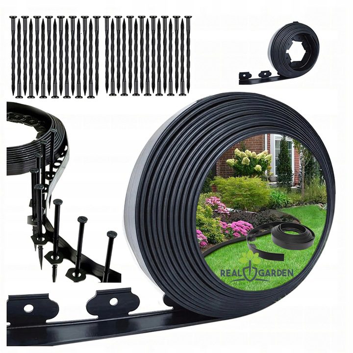 Garden Lawn Edging Set 60mm x 50mm x 10m with 30 Black Anchors
