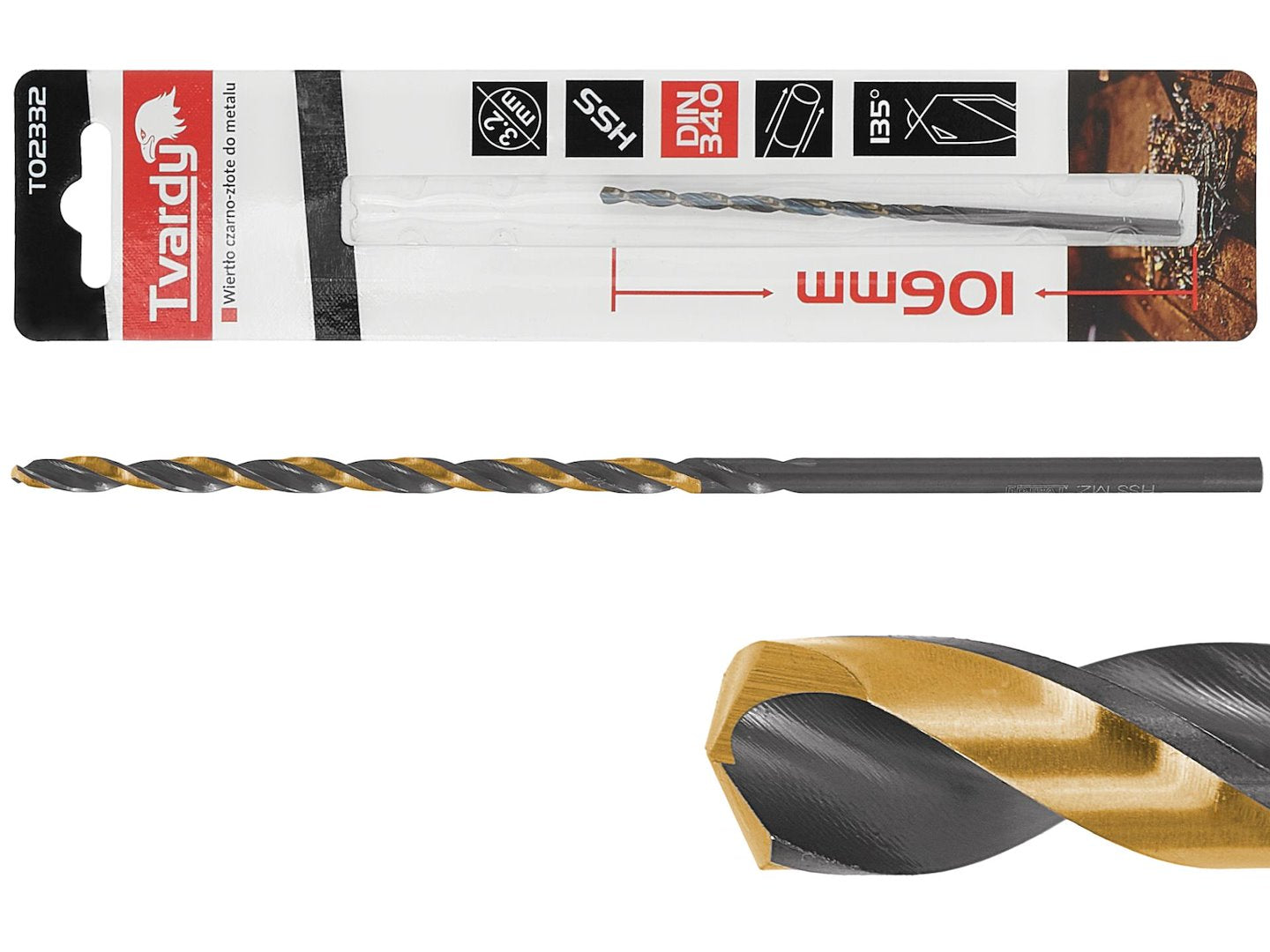 Long HSS M2 3.2 mm black & gold metal twist drill bit