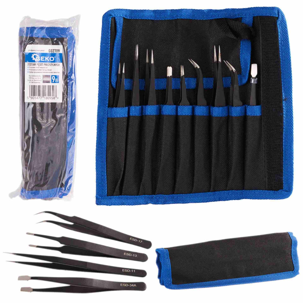 Precision metal tweezers set, 9 pcs