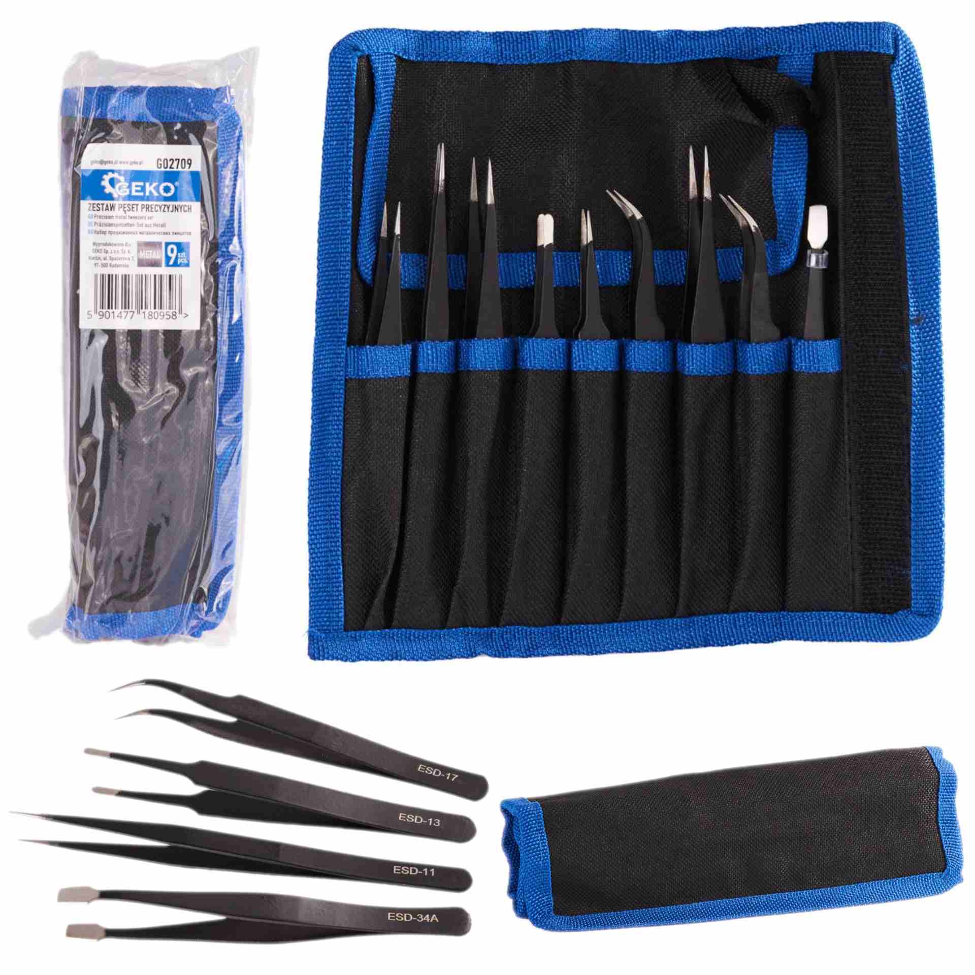 Precision metal tweezers set, 9 pcs