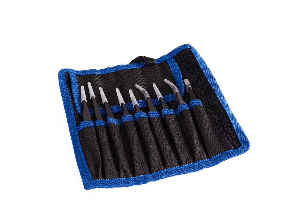 Precision metal tweezers set, 9 pcs