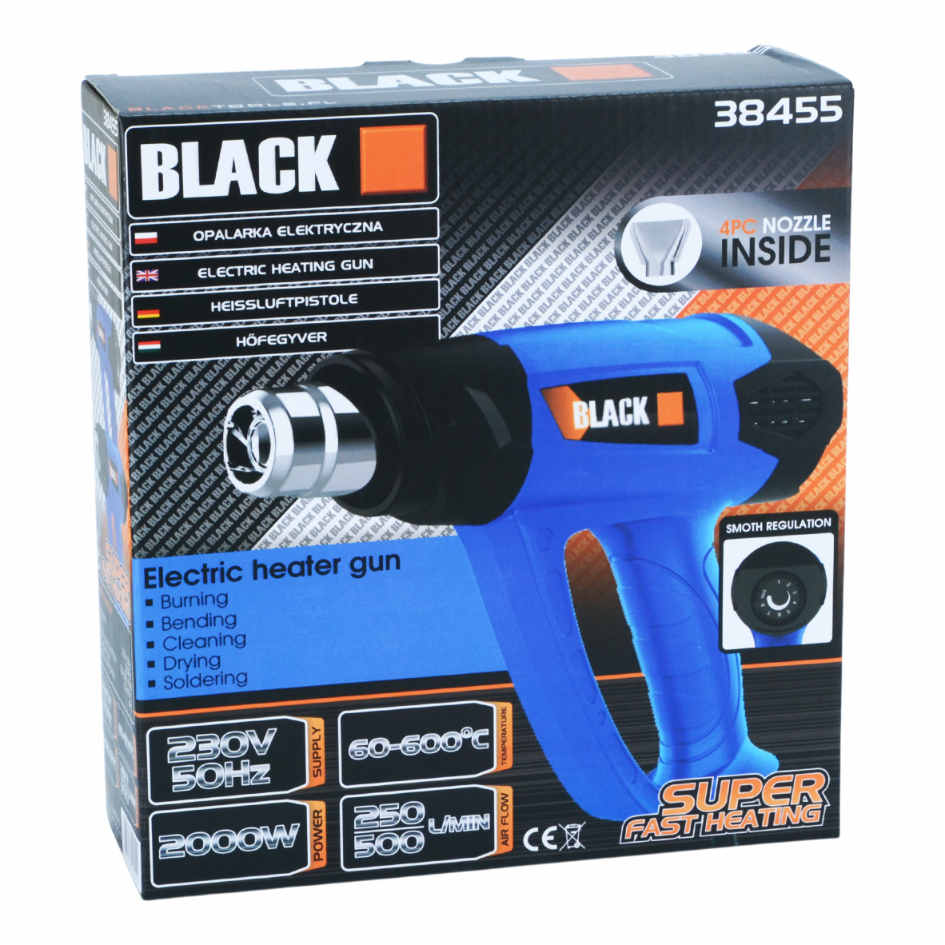 Võimas elektriline kuumapuhur sujuva temperatuuri reguleerimisega 60-600°C, 2 kiirust ja 4 otsikut