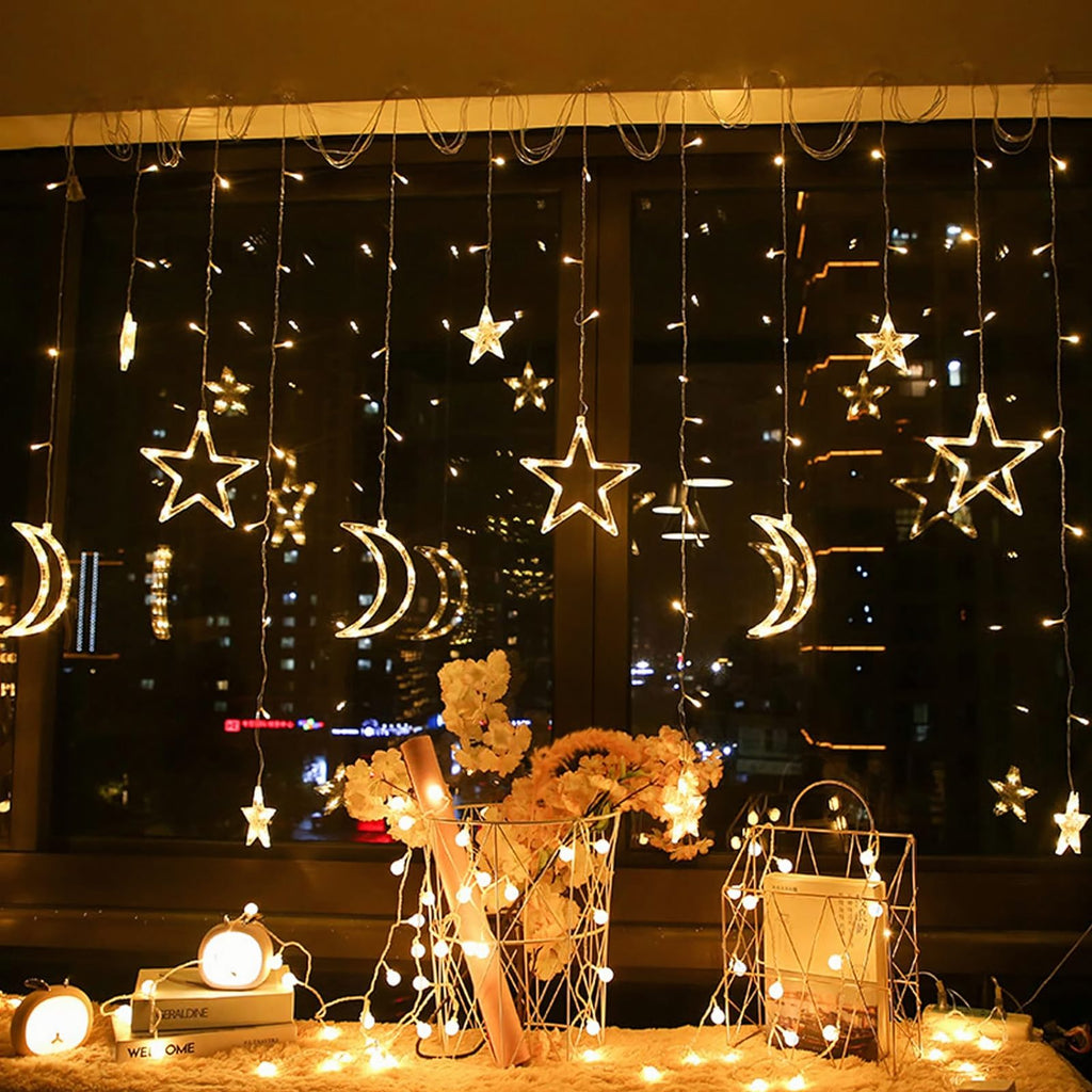 3m LED Star and Moon Curtain String Lights for Christmas Window Decoration