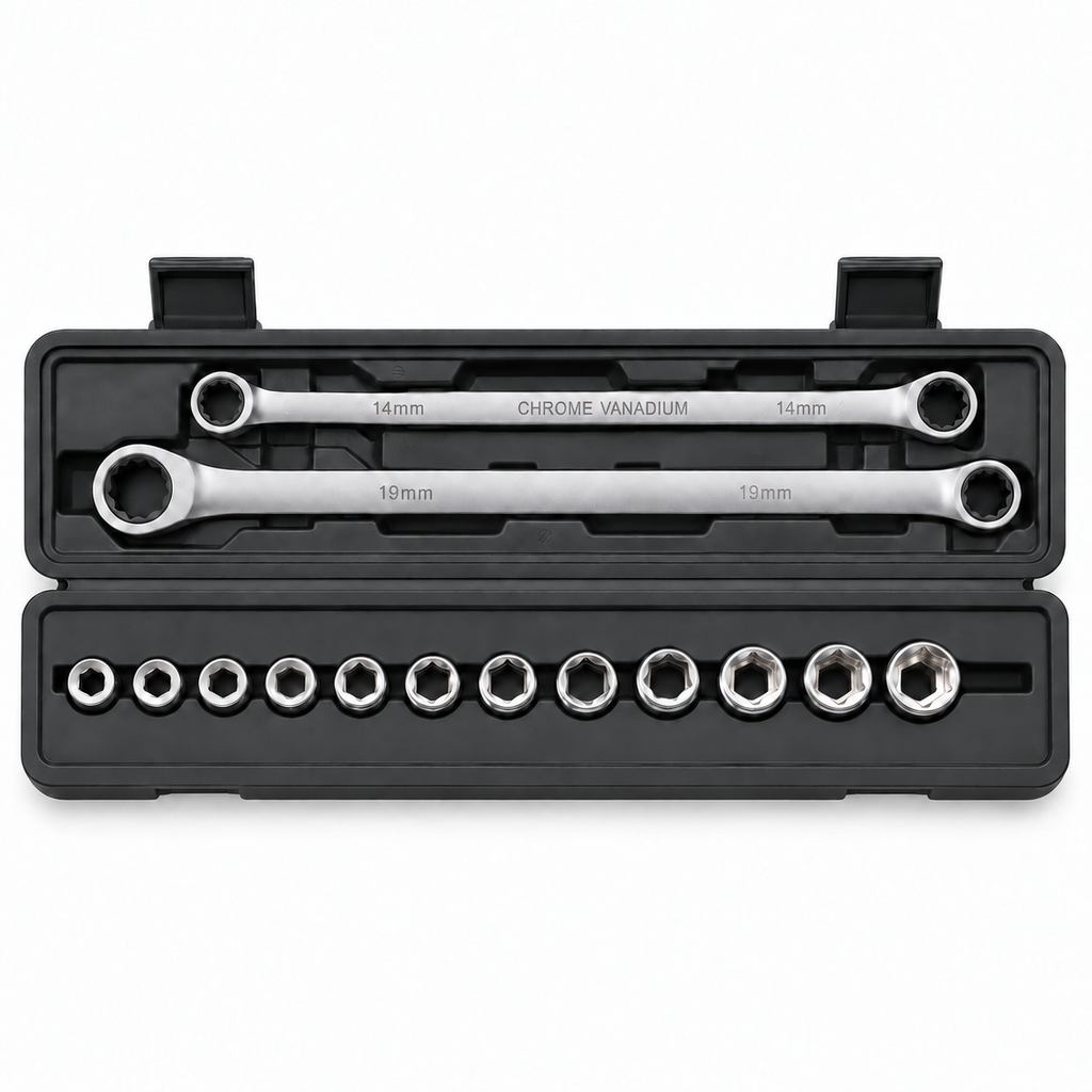 GY1028 14-piece double ratchet wrench and pass-through socket set
