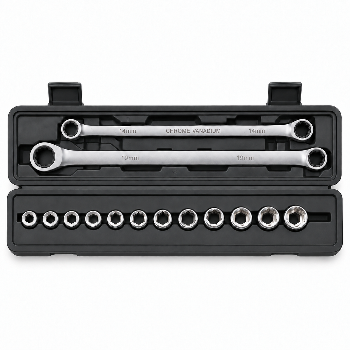 GY1028 14-piece double ratchet wrench and pass-through socket set