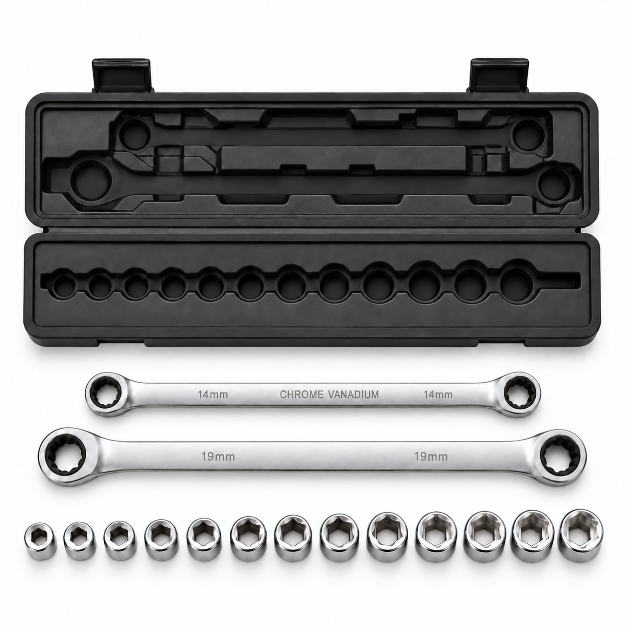 GY1028 14-piece wrench and socket set displayed outside the case