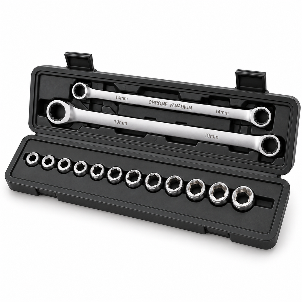 GY1028 14-piece wrench and socket set – angled case view