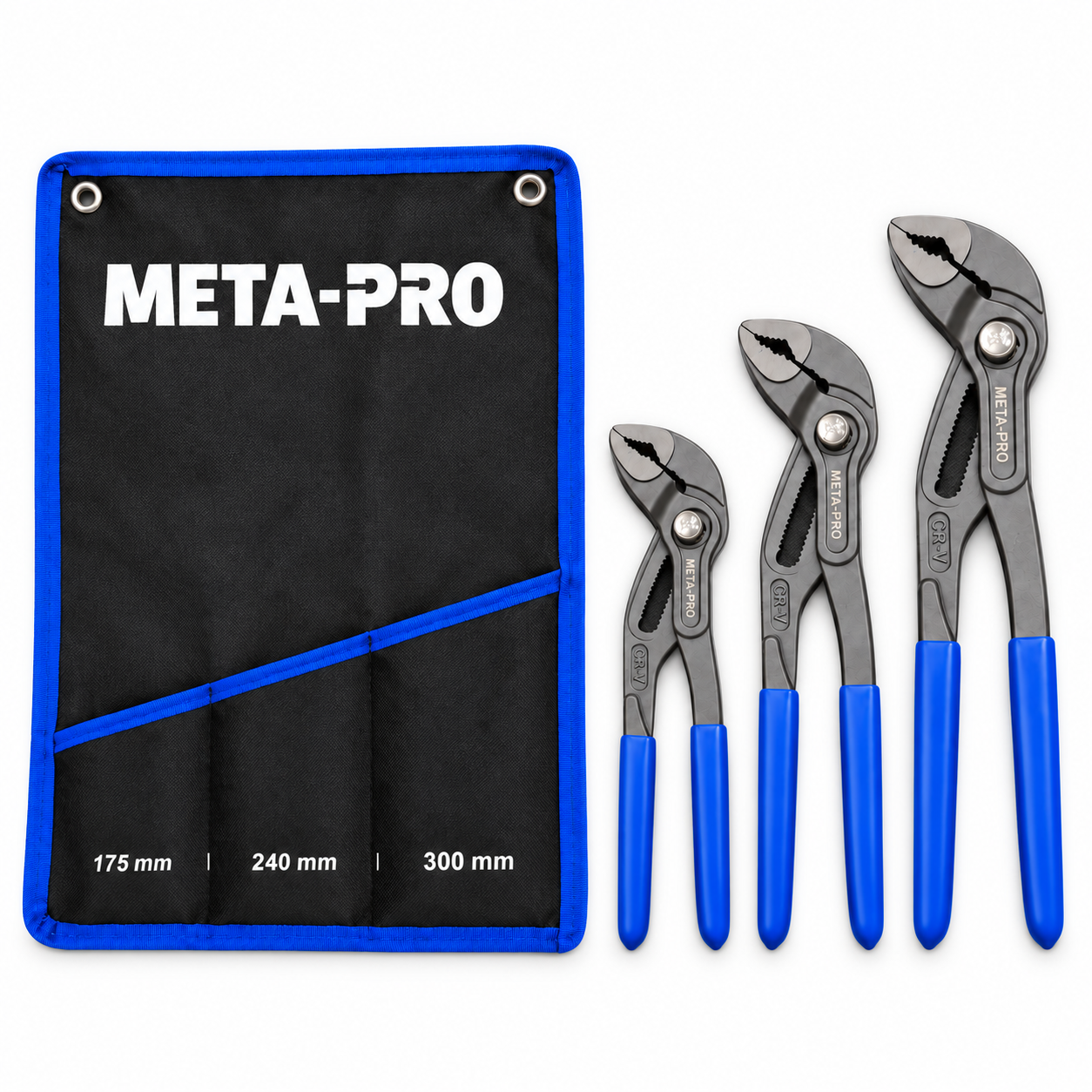 META-PRO 175, 240 and 300 mm water pump pliers set with pouch