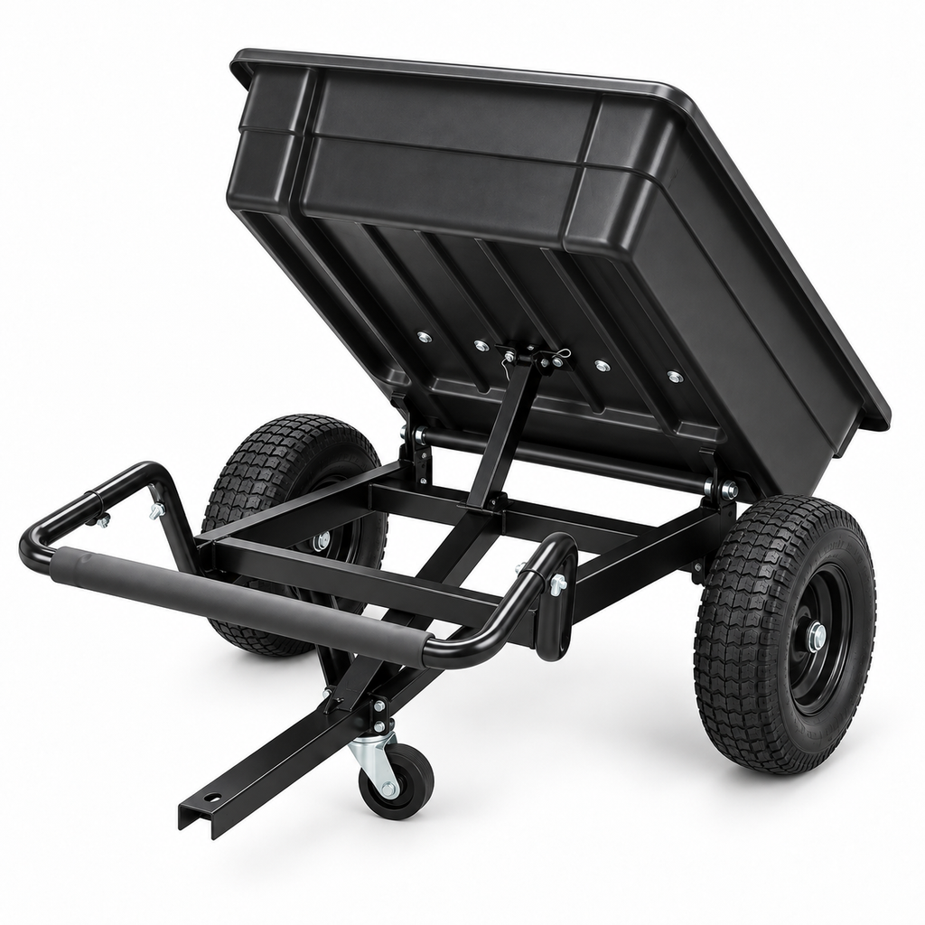 META-PRO GY9024 garden tractor trailer in tipping position