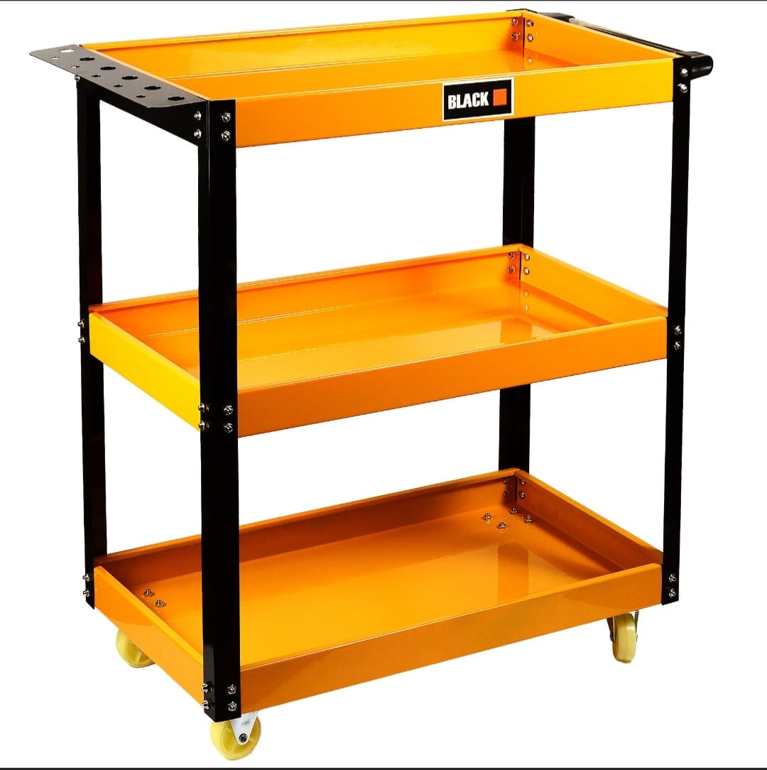 BLACK Three-Shelf Workshop Tool Cart 100 kg | Steel Garage Trolley