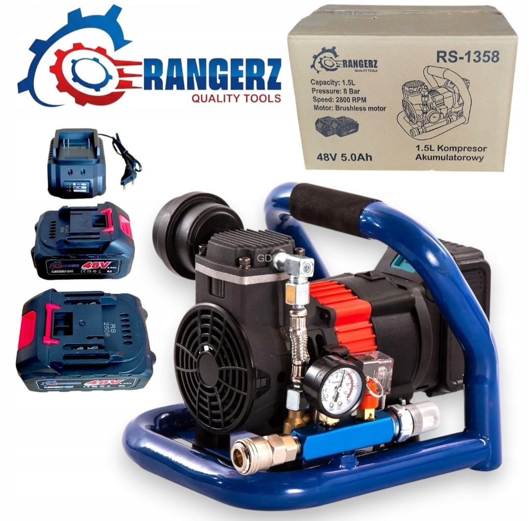 RANGERZ RS-1358 Juhtmeta õlivaba õhukompressor 1.5L 48V | 8 Bar | 2 × 5.0Ah akut