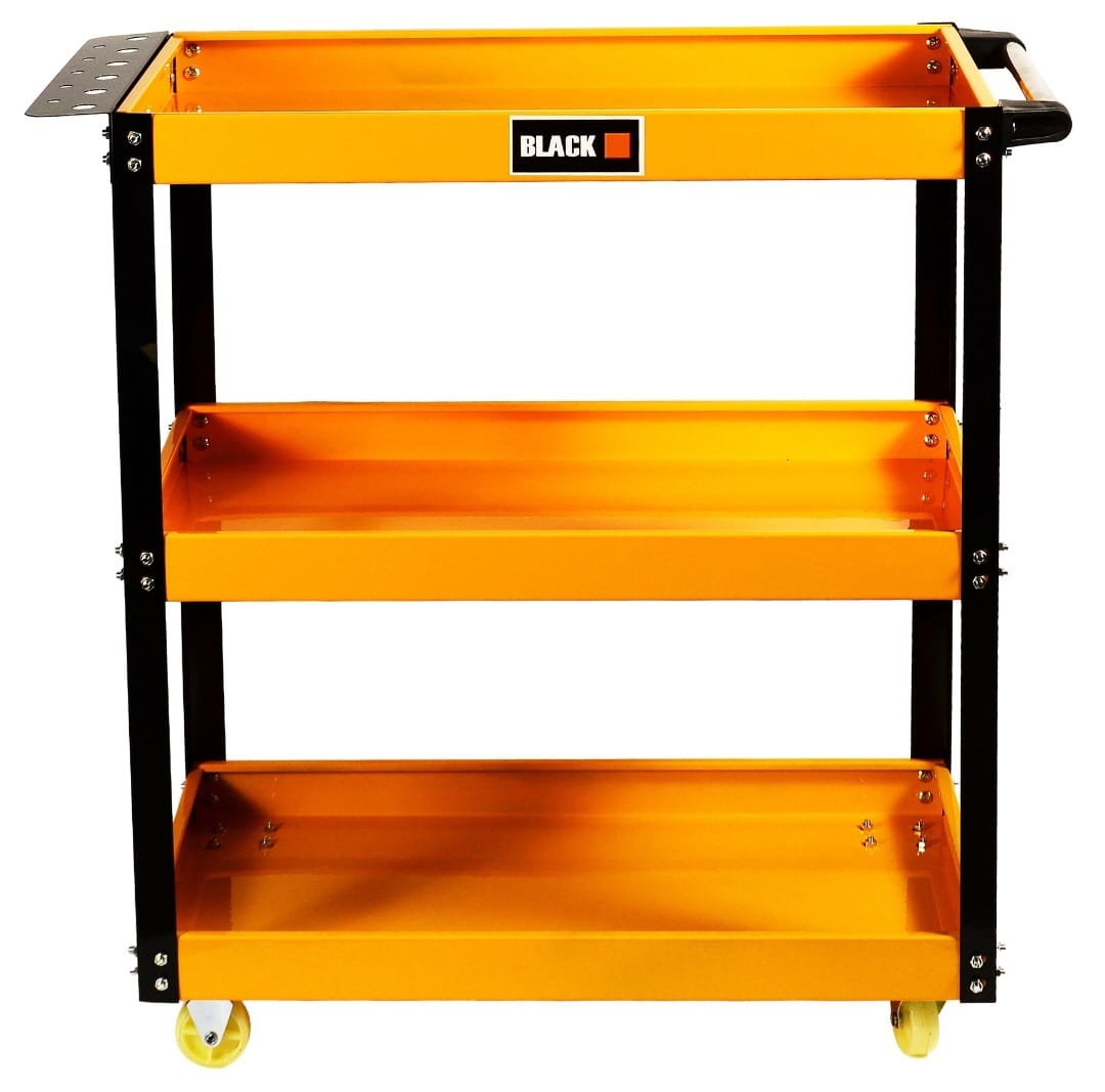 BLACK Three-Shelf Workshop Tool Cart 100 kg | Steel Garage Trolley