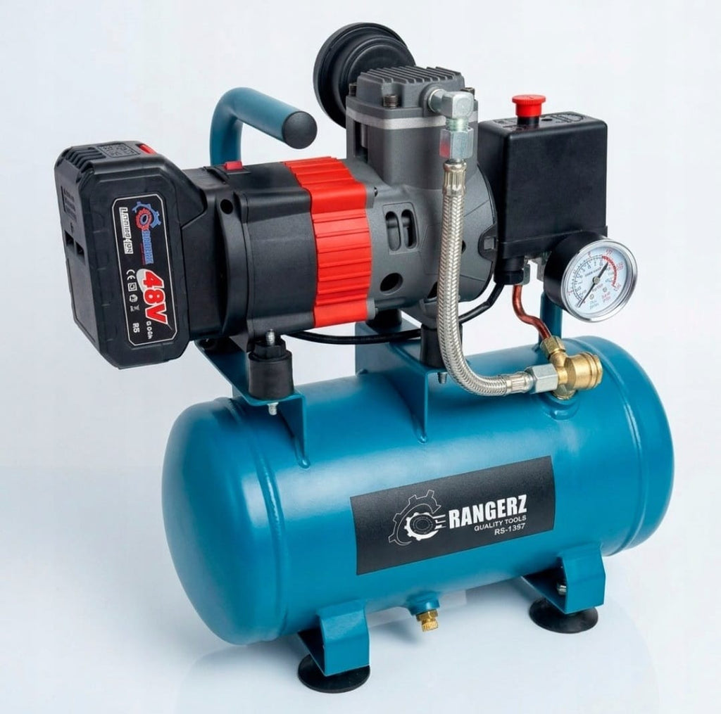 RANGERZ juhtmevaba õlivaba õhukompressor 6 l, harjadeta mootor, 8 bar, 2 × 48 V 5,0 Ah akuga RS-1357