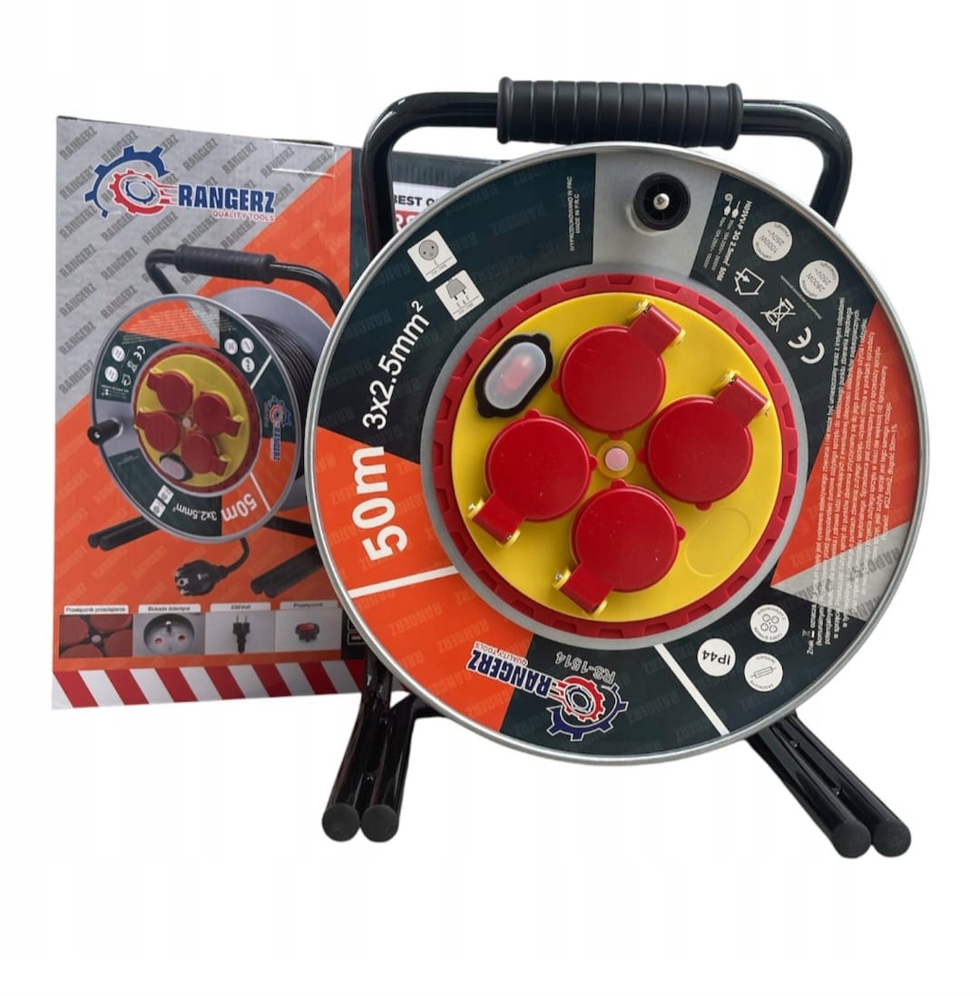 RANGERZ RS-1514 50m kaablirulli pikendus 3×2.5mm² – IP44, 4 pistikupesa