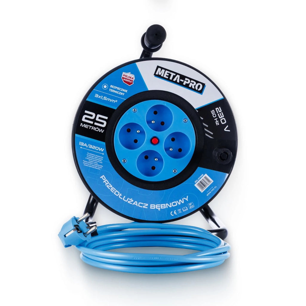 META-PRO kaablitrummel 25 m, 4 maandatud pistikupesa, 3 × 1,5 mm², 3200 W, 230 V GY9068