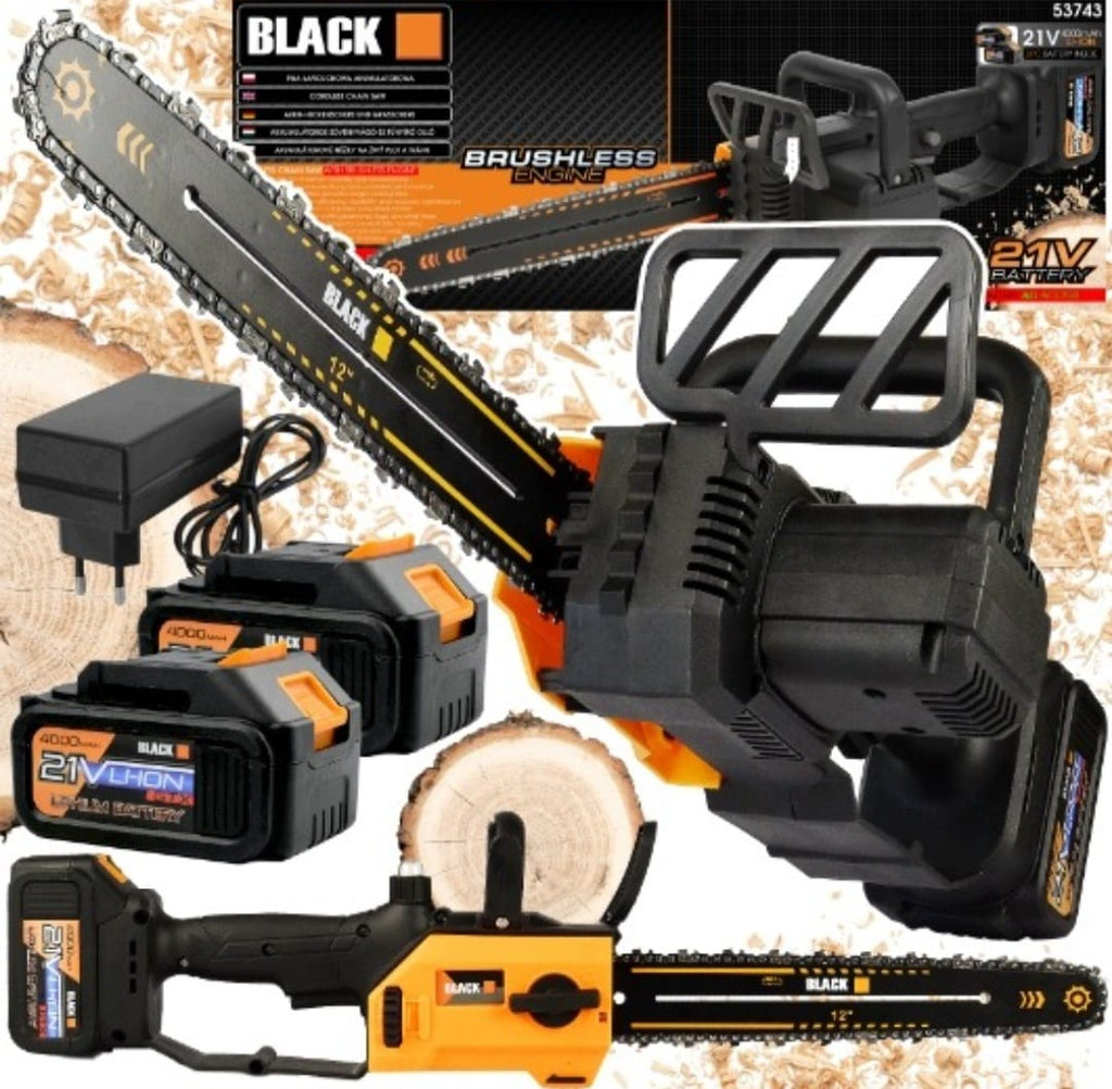 BLACK 53743 Cordless Chainsaw 21V 12" 30cm Brushless – 2× 4.0Ah Batteries