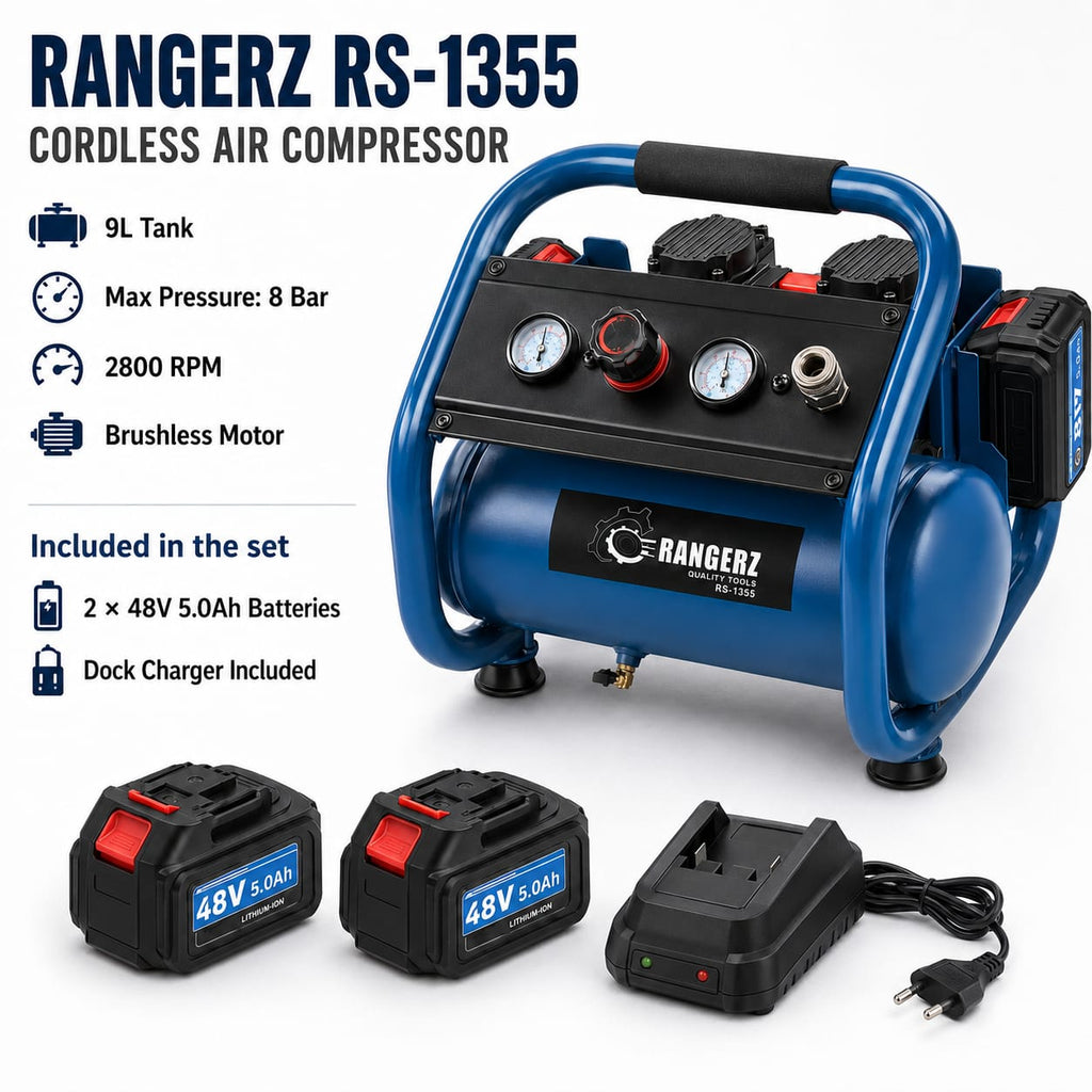 RANGERZ RS-1355 akuga õhukompressor – 9L | 8 Bar | 2× 48V 5.0Ah akut | harjadeta mootor