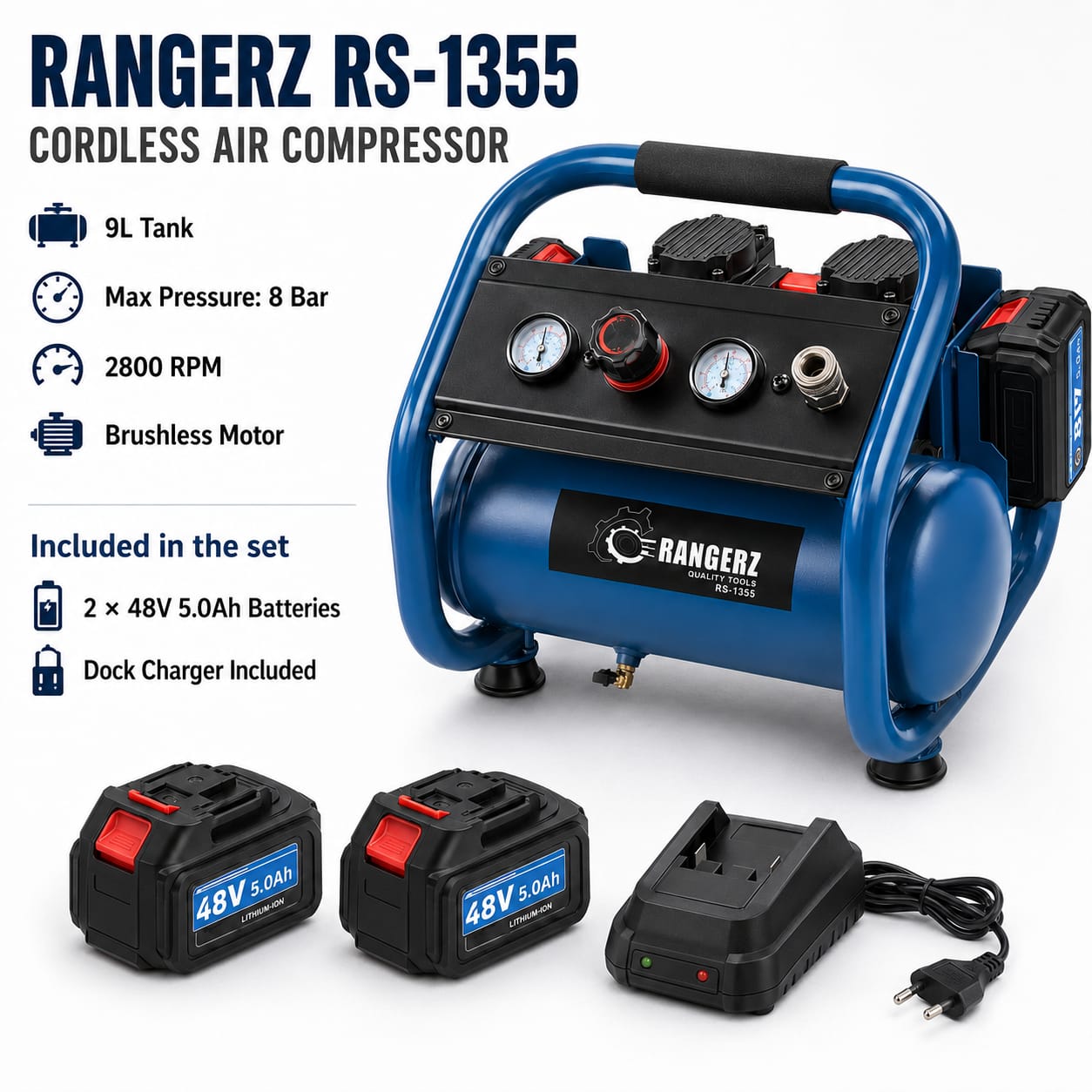 RANGERZ RS-1355 akuga õhukompressor – 9L | 8 Bar | 2× 48V 5.0Ah akut | harjadeta mootor