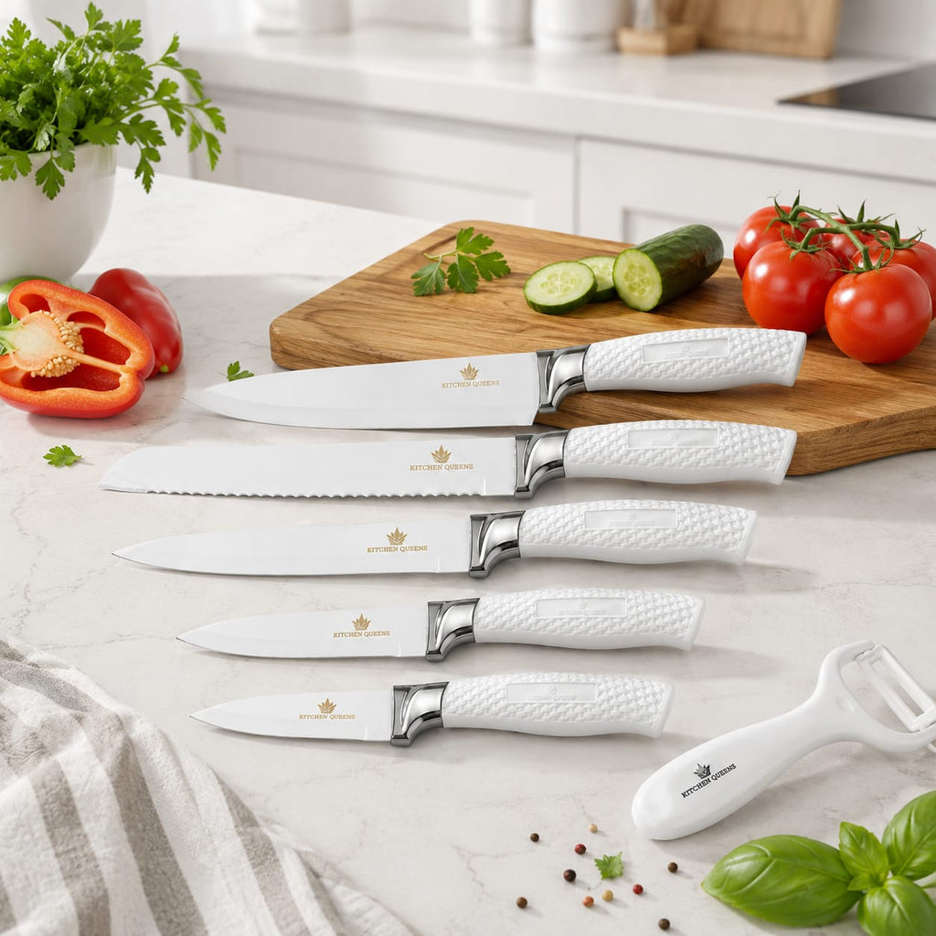 Kitchen Queens 6-osaline keraamilise kattega kööginoakomplekt koorijaga, valge KQ-5602