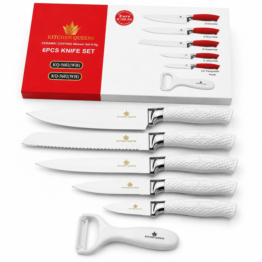 Kitchen Queens 6-osaline keraamilise kattega kööginoakomplekt koorijaga, valge KQ-5602