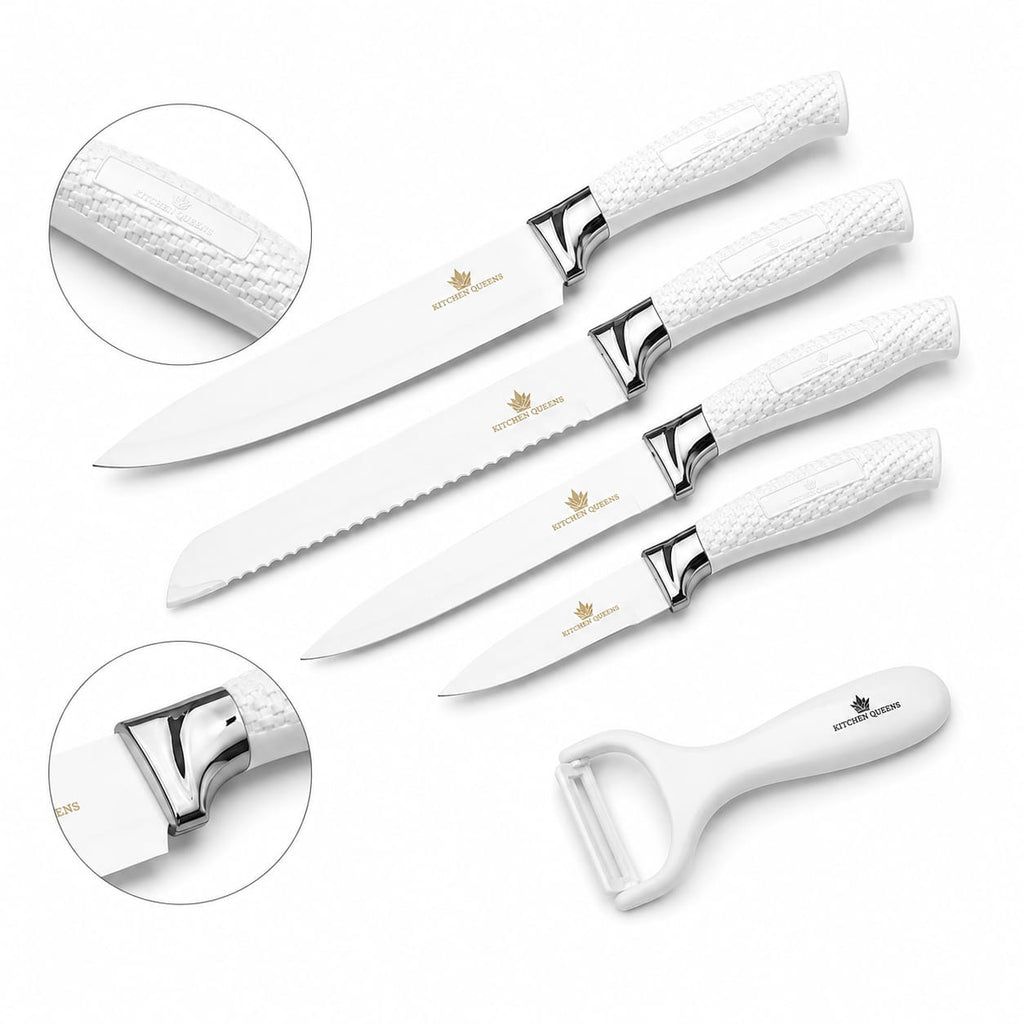 Kitchen Queens 6-osaline keraamilise kattega kööginoakomplekt koorijaga, valge KQ-5602