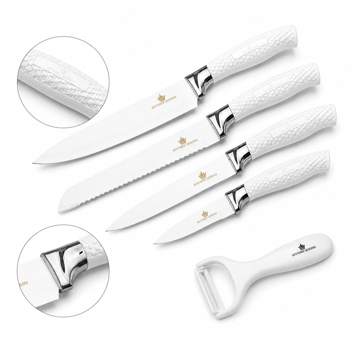 Kitchen Queens 6-osaline keraamilise kattega kööginoakomplekt koorijaga, valge KQ-5602
