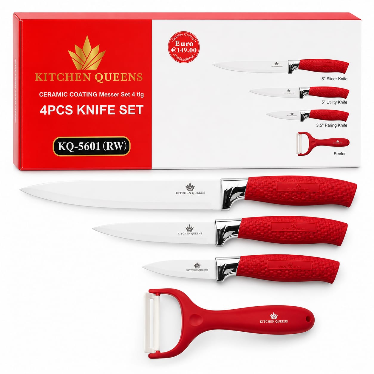 KITCHEN QUEENS 4-osaline keraamilise kattega kööginugade komplekt koorijaga, punane KQ5601