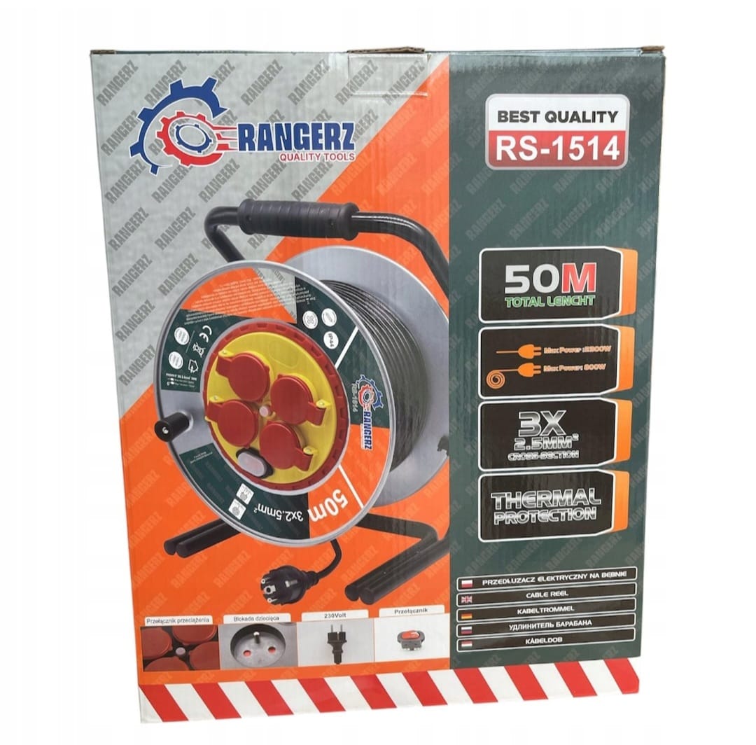 RANGERZ 50 m kaablitrumliga pikendusjuhe 3 × 2,5 mm², IP44, 4 maandusega pistikupesa RS-1514