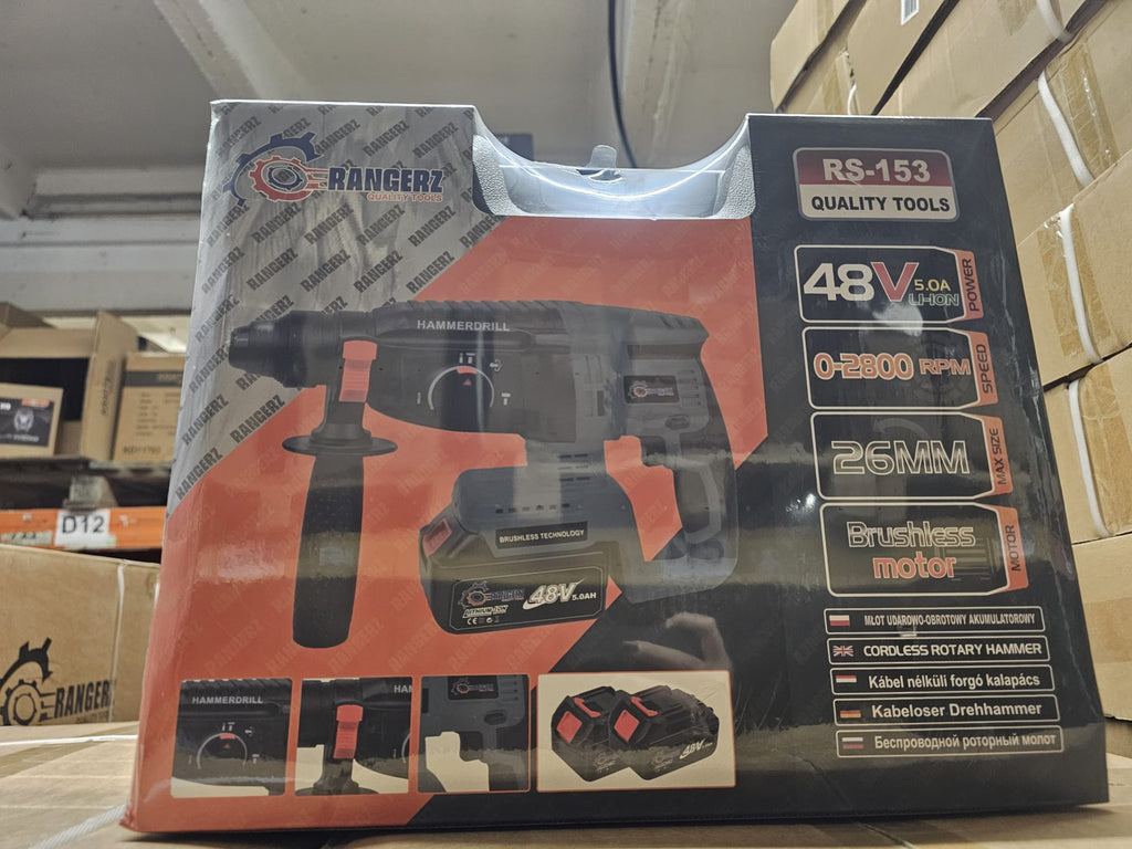 RANGERZ RS-153 Cordless Rotary Hammer 48V 5.0Ah – 26mm Brushless SDS-Plus, 2 Batteries