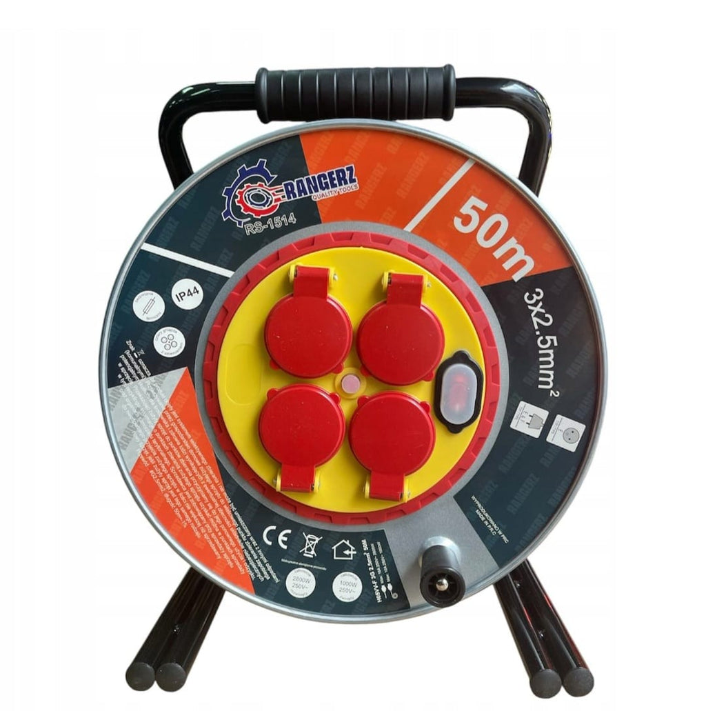 RANGERZ 50 m kaablitrumliga pikendusjuhe 3 × 2,5 mm², IP44, 4 maandusega pistikupesa RS-1514