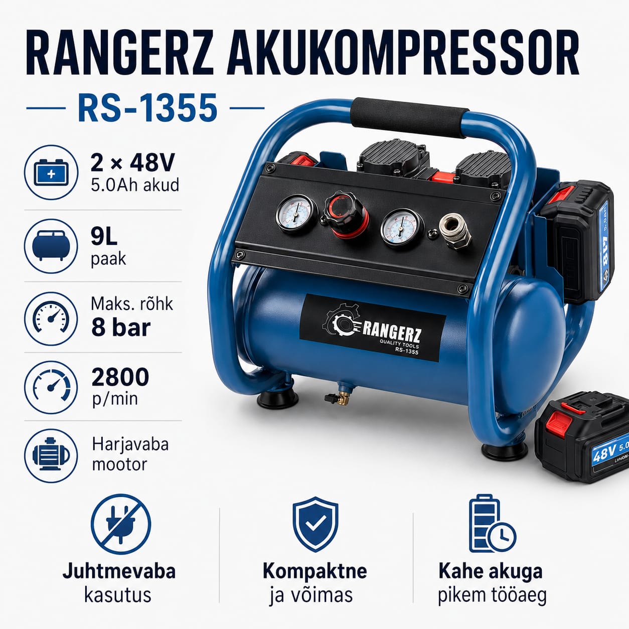RANGERZ RS-1355 akuga õhukompressor – 9L | 8 Bar | 2× 48V 5.0Ah akut | harjadeta mootor