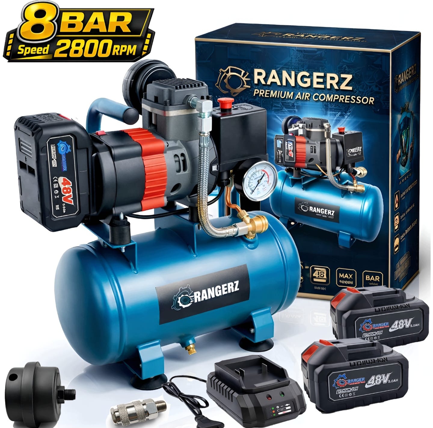 RANGERZ juhtmeta õlivaba õhukompressor 6L | harjadeta mootor | 8 Bar | 2 × 48V 5.0Ah akut (C13)