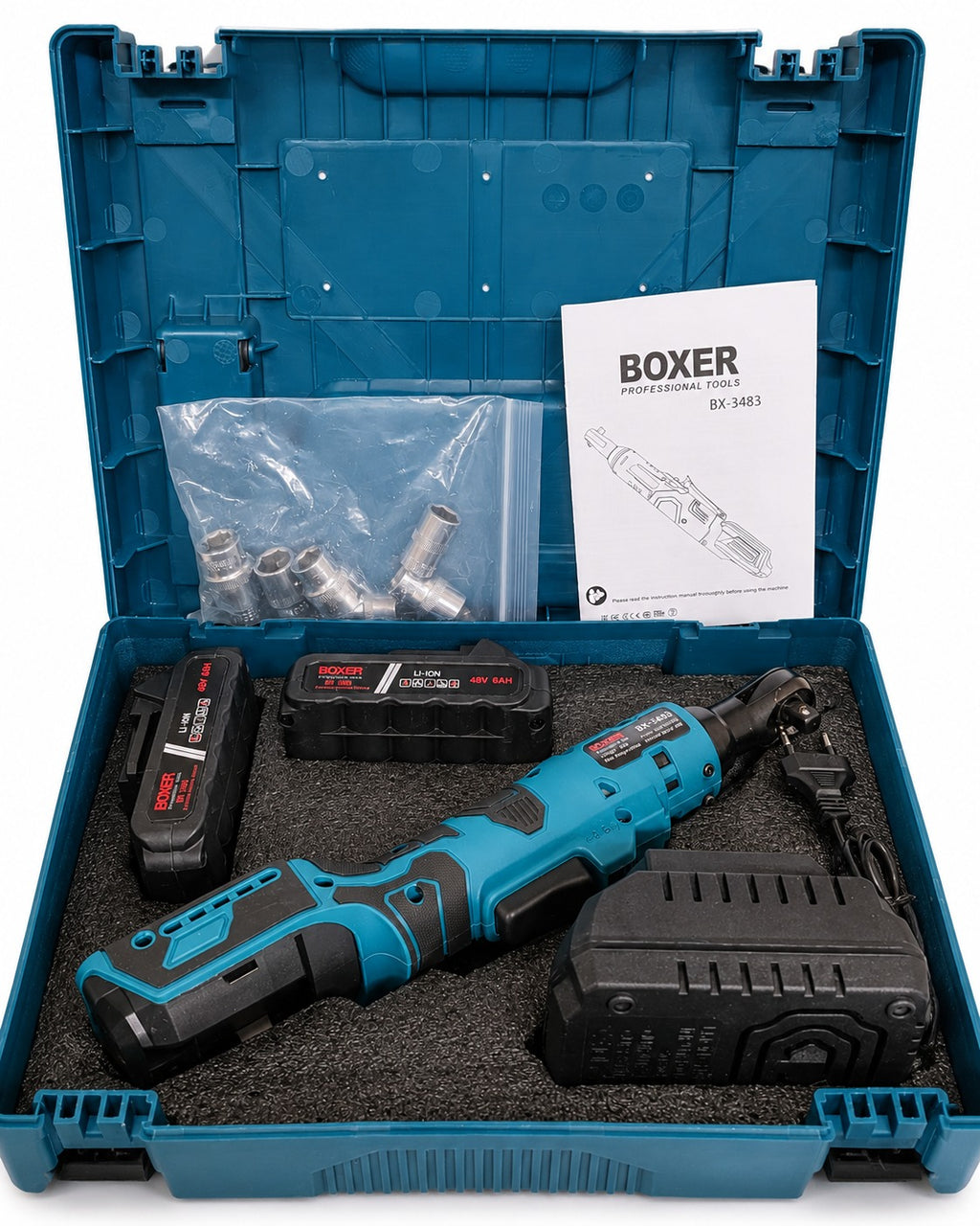 BOXER BX-3483 Cordless Ratchet Wrench 90 Nm 3/8" | 2× 48V 6Ah Batteries | Case + Sockets