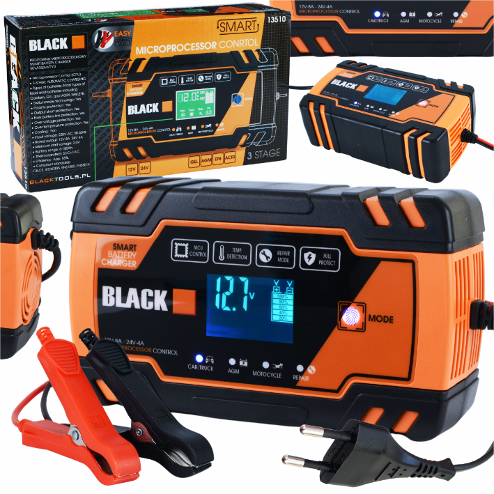 Automaatne autode akulaadija parandamisfunktsiooniga 12V ja 24V akudele