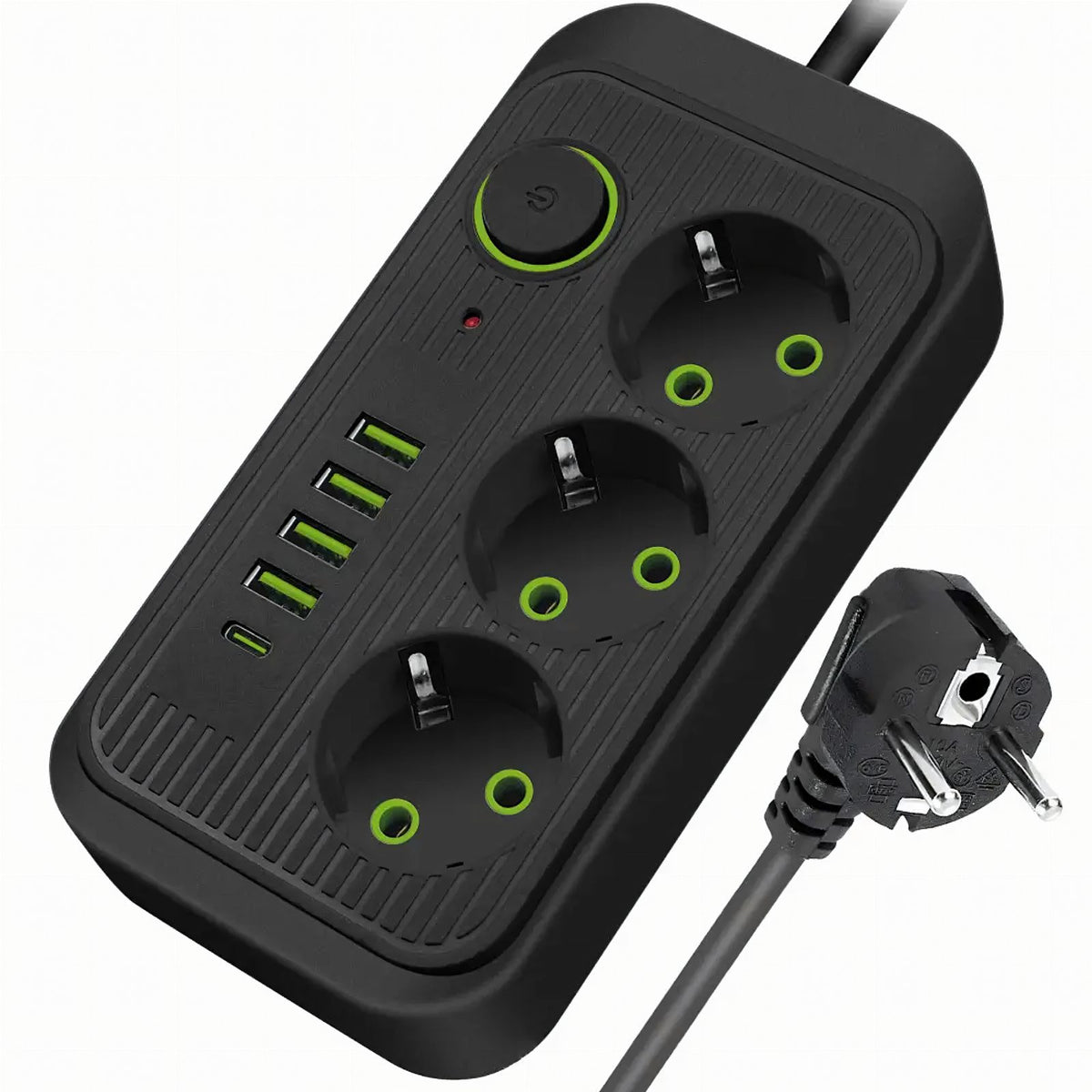 2 m pikendusjuhe 3 pistikupesa ja 5 USB-laadimispordiga, lülitiga RC-K-1852
