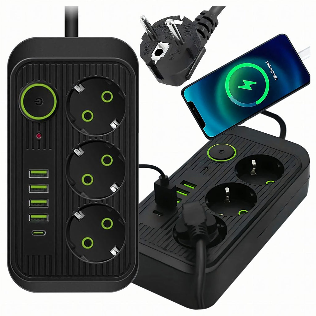 2 m pikendusjuhe 3 pistikupesa ja 5 USB-laadimispordiga, lülitiga RC-K-1852