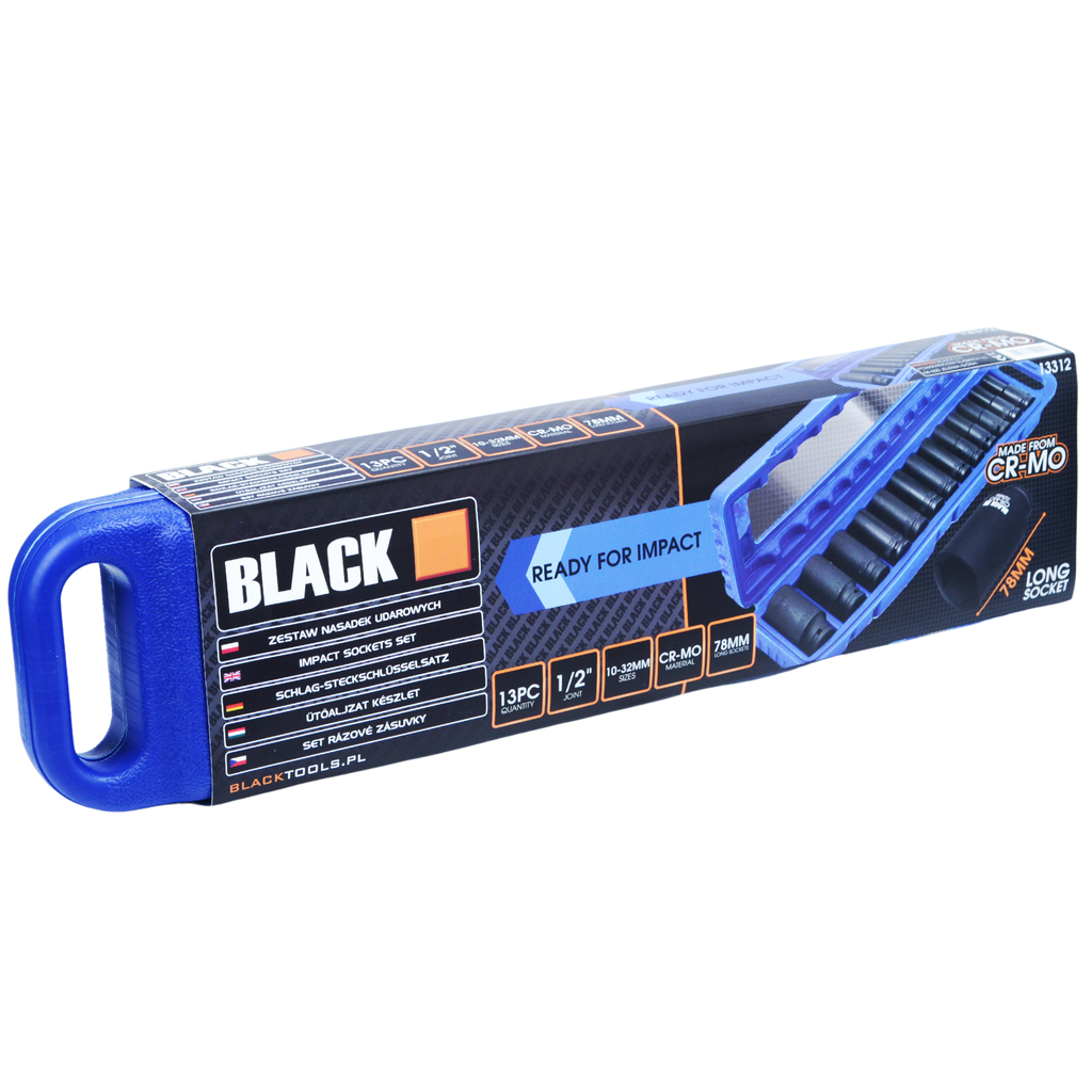 Suur löökmutrivõtmete kuuskantkomplekt 1/2" ajam 10-32mm, 13 tk, Black karbis