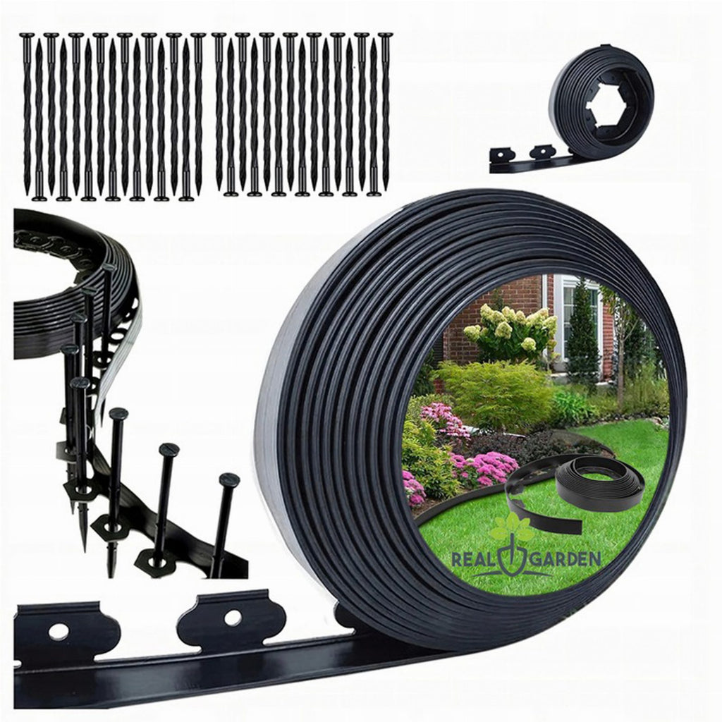 Garden Lawn Edging Set 50mm x 50mm x 10m with 30 Black Anchors and Pins