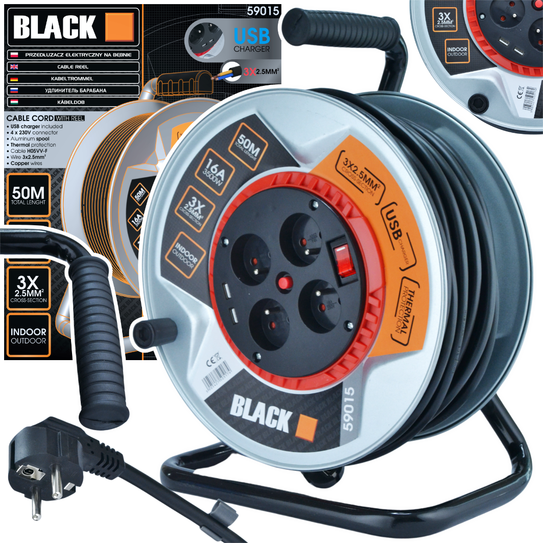 Pikenduskaabel metalltrummel 50m 3x2.5 jäme Black