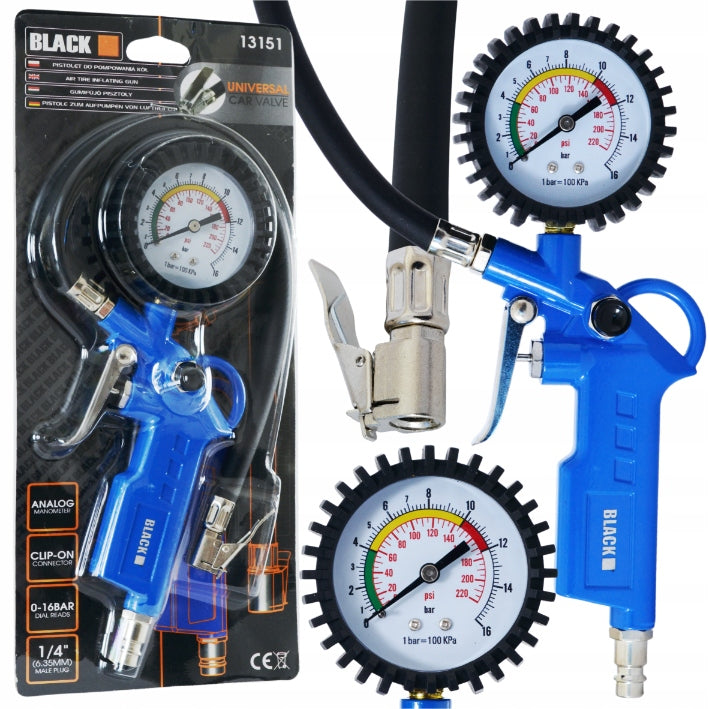 Large Wheel Inflation Gun Manometer Pump 12 Bar 1/4 Hose 35cm Black