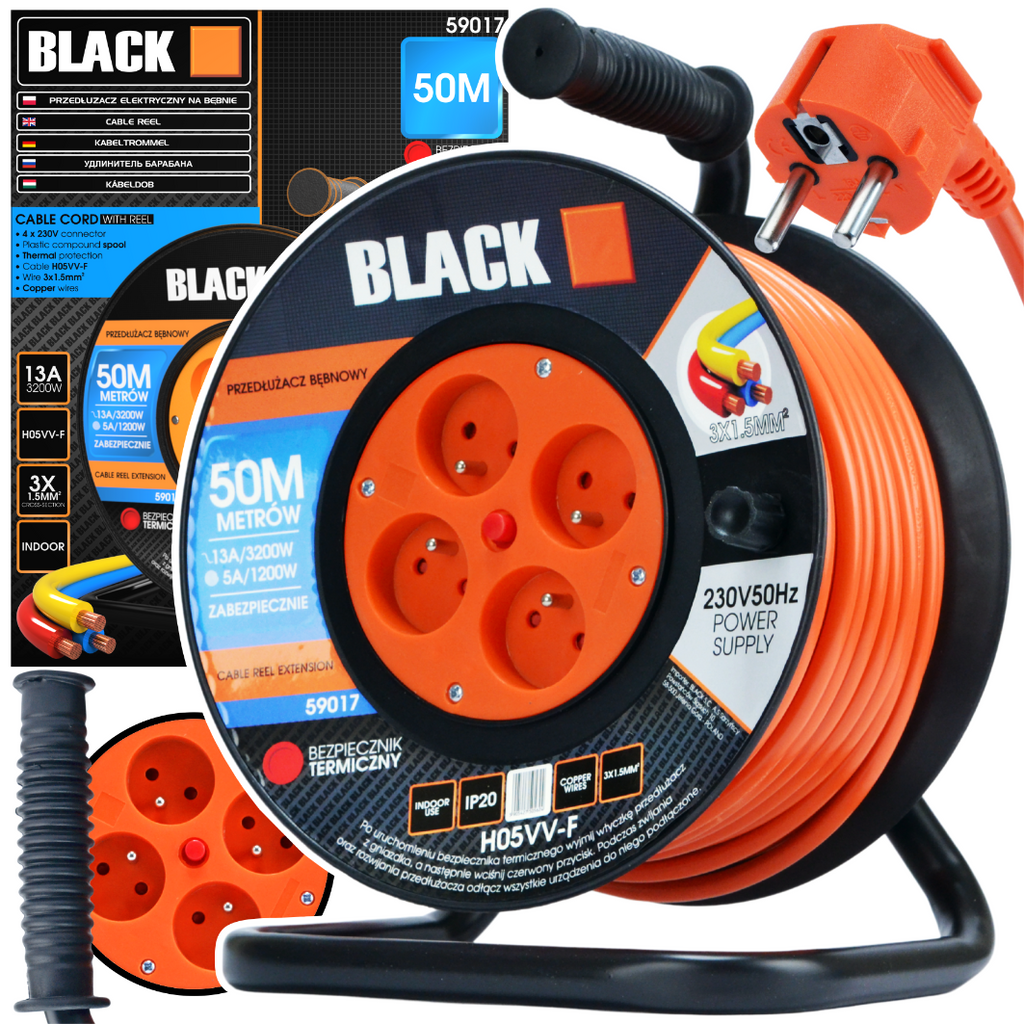 Aia pikendusjuhtme rull Poola bränd 50m 3x1.5 H05VV-F Black rull