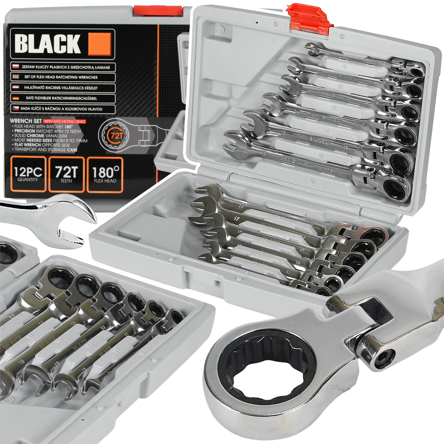 12-osaline rätsel-kombinatsioonvõtmete komplekt 8-19mm Black koos karbiga