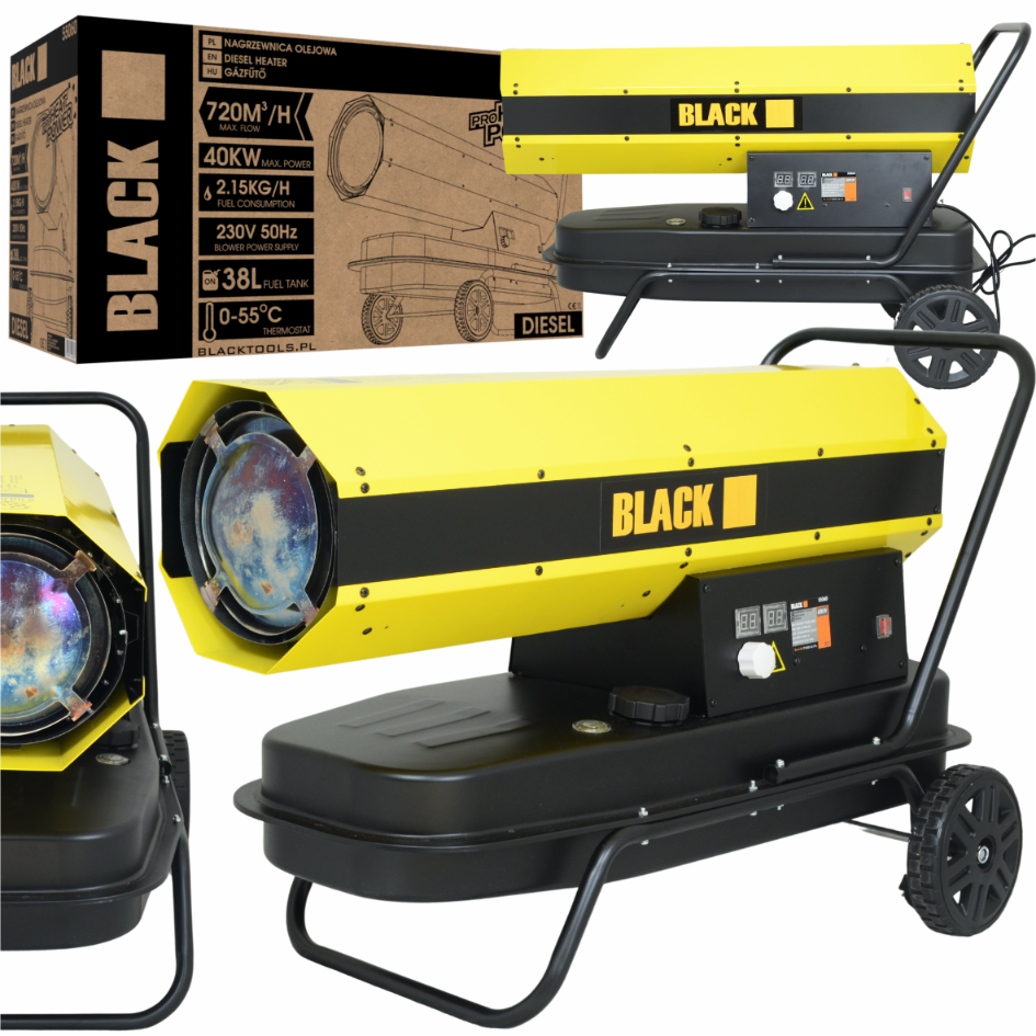 40KW Oil-Fired Diesel Heater Blower with LCD Thermostat, 38L, Black