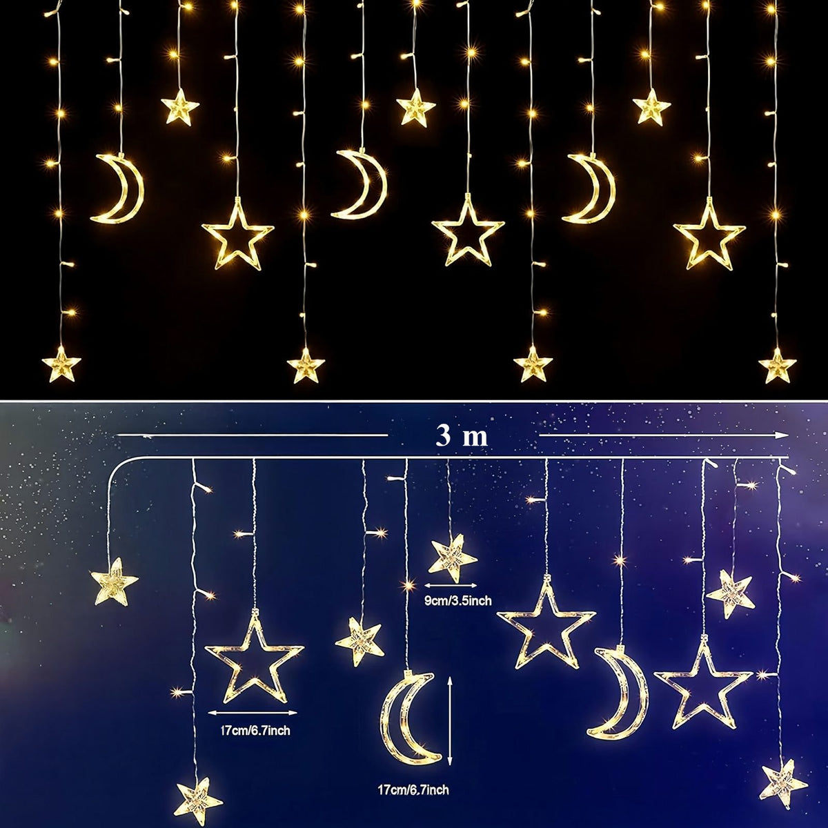 3m LED Star and Moon Curtain String Lights for Christmas Window Decoration