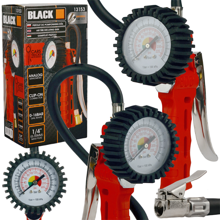 Suur ratta täispump kummist manomeetriga, Black, 16 Bar 220 PSI