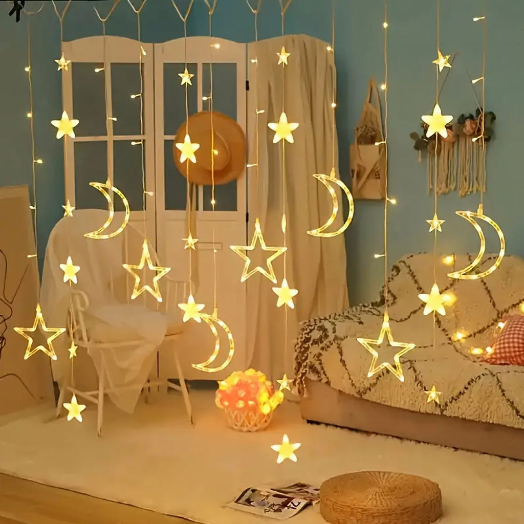 3m LED Star and Moon Curtain String Lights for Christmas Window Decoration