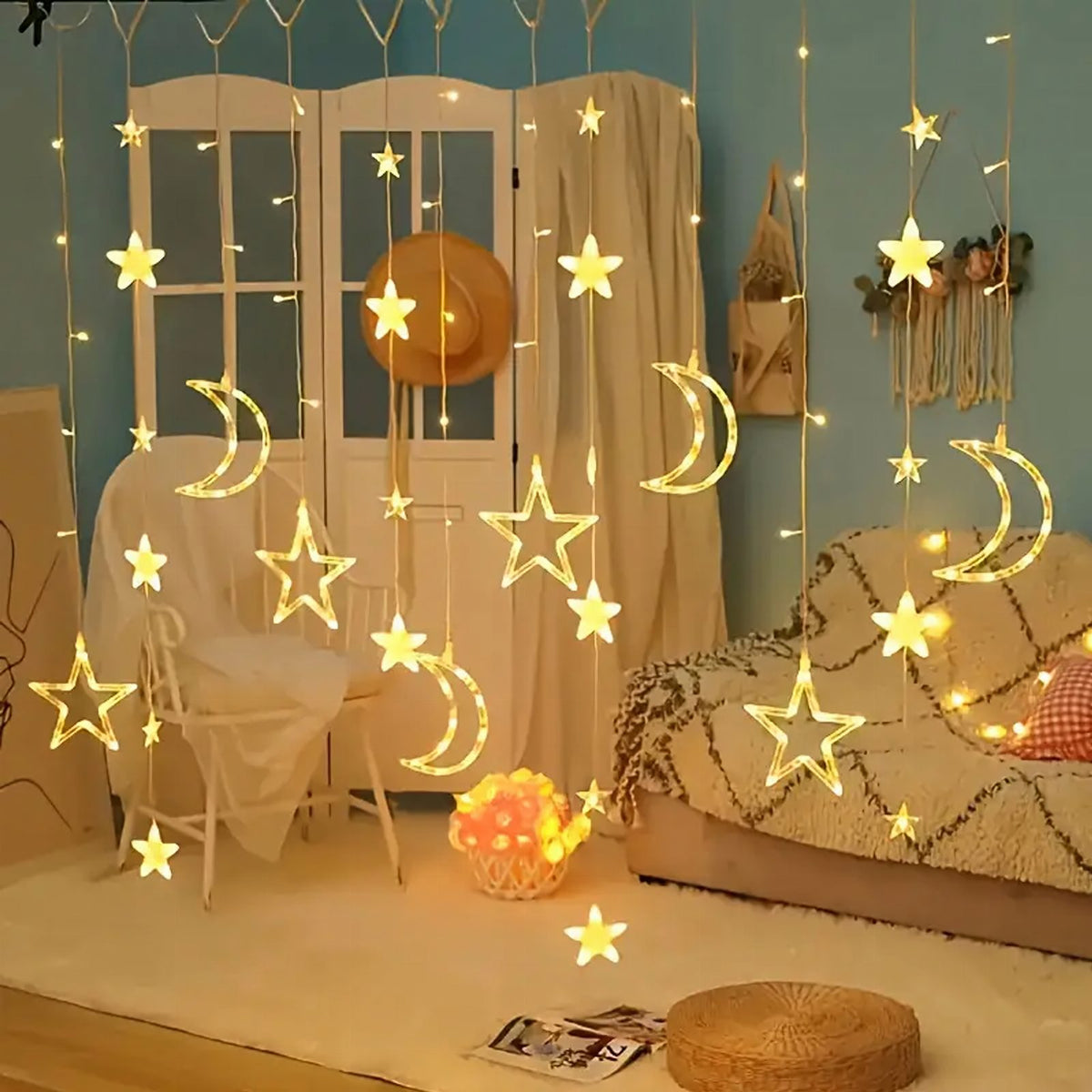 3m LED Star and Moon Curtain String Lights for Christmas Window Decoration